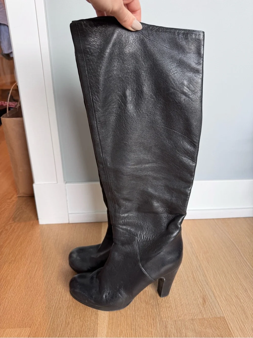 Black Italian Leather Knee-High Heeled Boots
